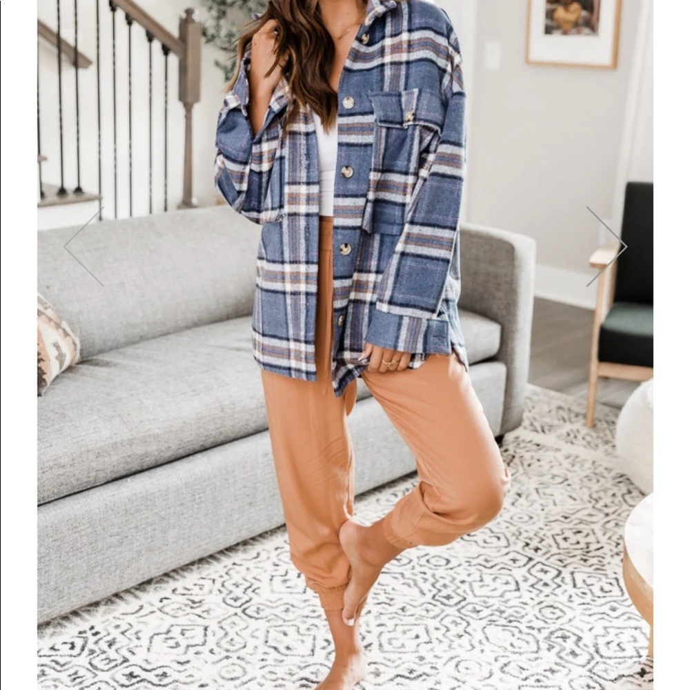 SHACKET- Navy Plaid- Oversized- size Medium.